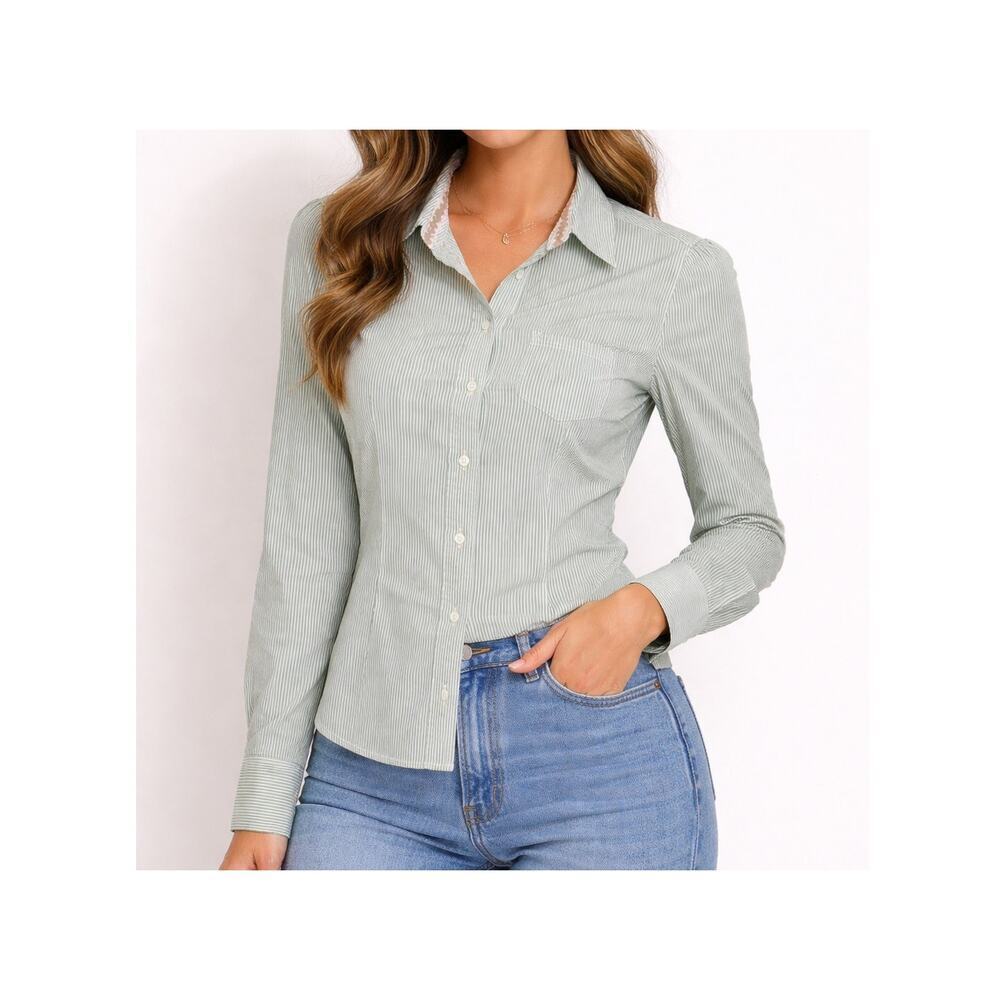 Rubish Green and White Striped Button Down Shirt